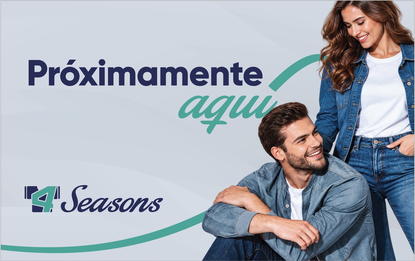 Muro derecho con Próximamente aquí y fotografía de pareja en mezclilla